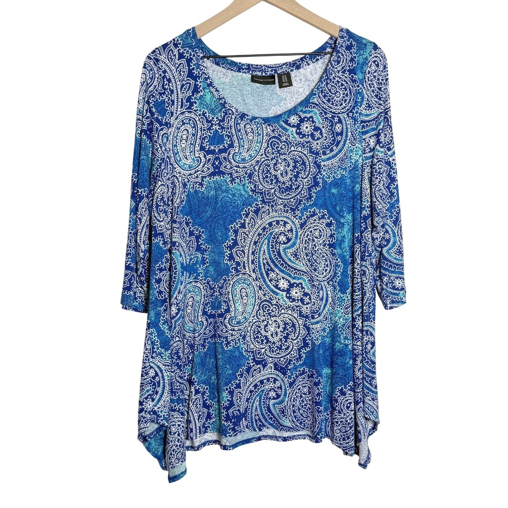 Adrienne Vittadini Womens Knit Top 1X Blue Paisley‎ Stretch 3/4 Sleeve Casual